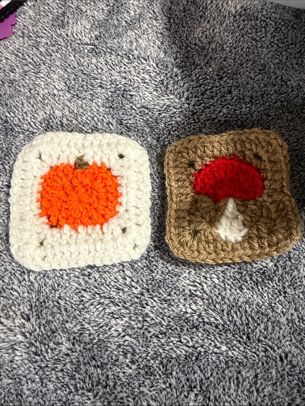 Handmade Crochet Pumpkin and Mushroom Squares - Orange, Red, Brown